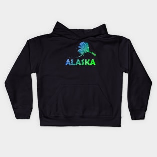 Colorful mandala art map of Alaska with text in blue and green Kids Hoodie